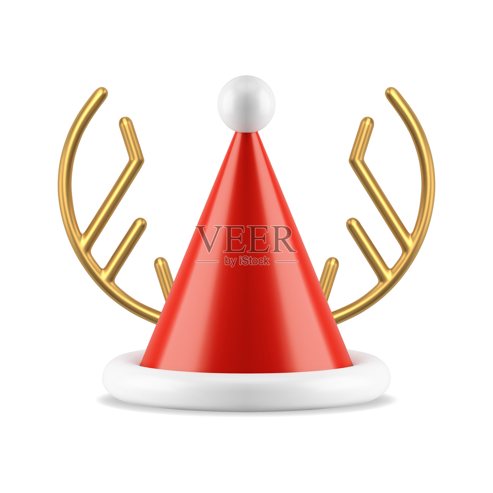 圣诞老人红色锥形帽子配金色鹿角圣诞玩具3D图标逼真矢量图插画图片素材