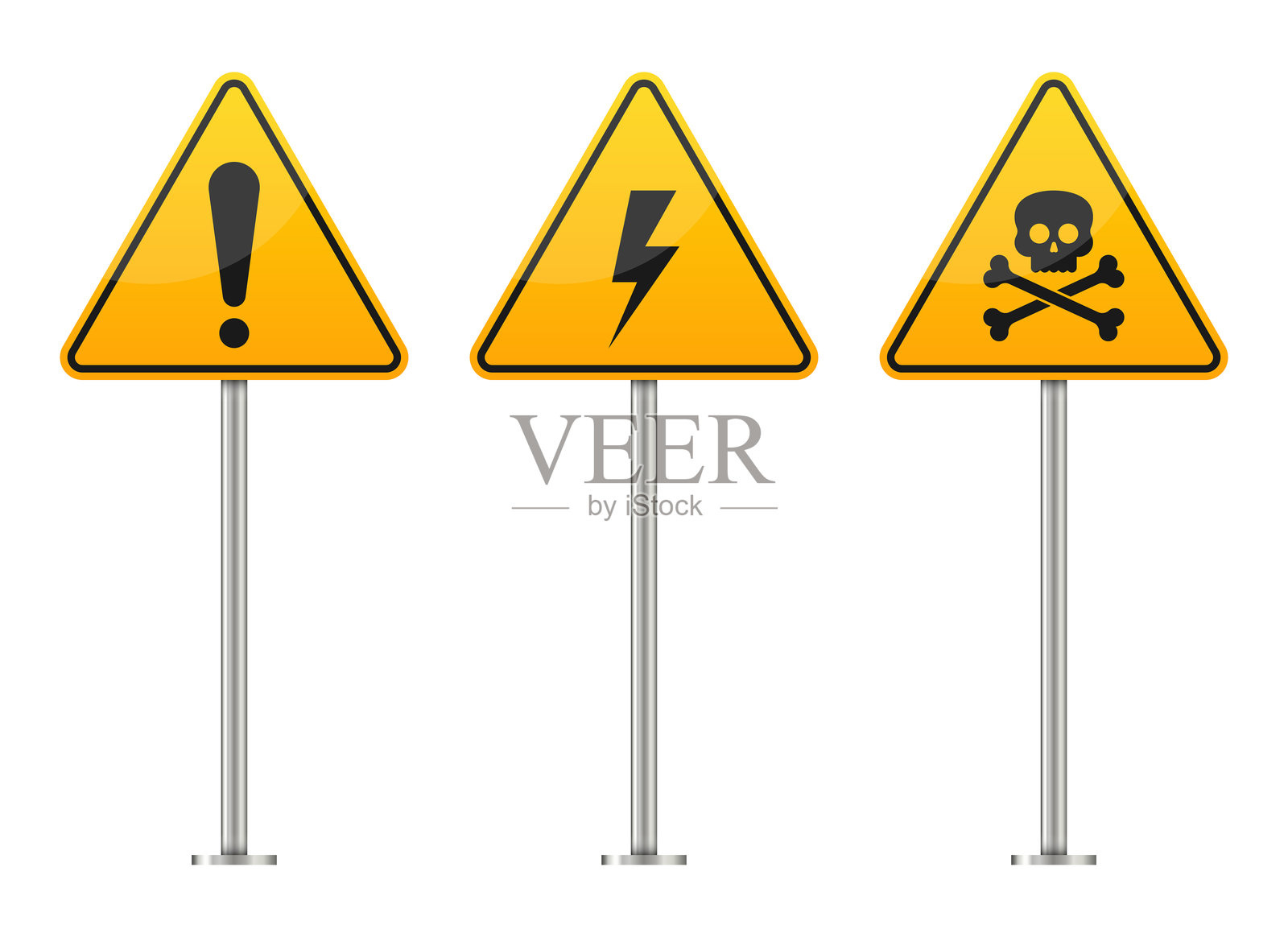 户外柱子上的危险、高压和毒药警告标志。插画图片素材