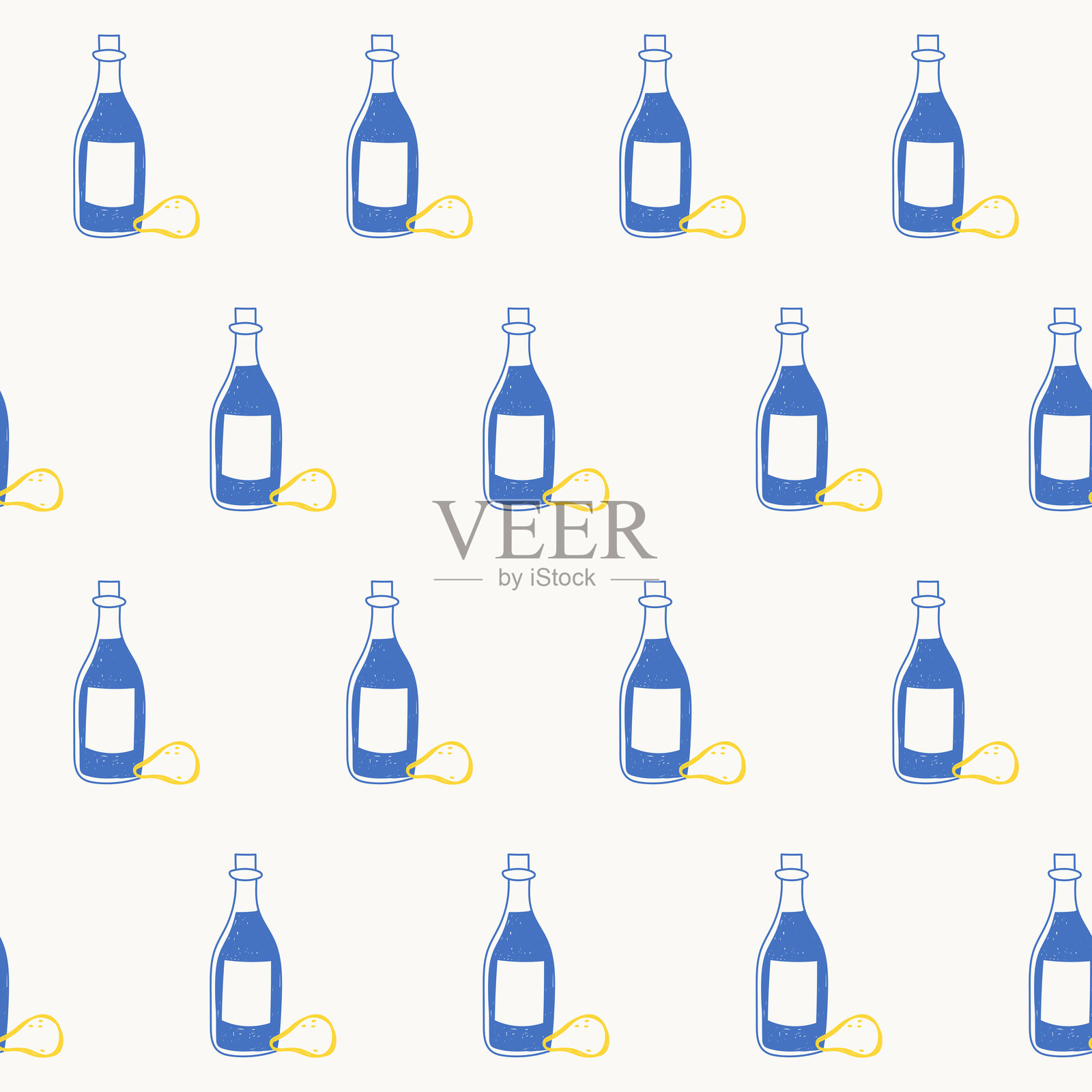 无缝葡萄酒瓶纺织印花图案。地中海氛围。旅行度假休闲主题。夏季度假面料样本涂鸦线条艺术手工装饰。简单的素描轮廓图。插画图片素材