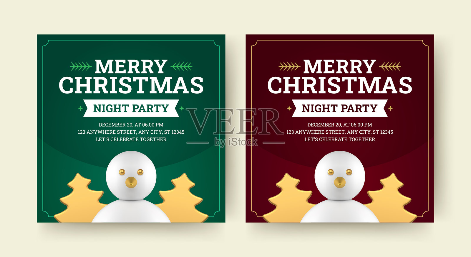 圣诞夜派对邀请社交媒体帖子设计模板集，真实的矢量图插画图片素材