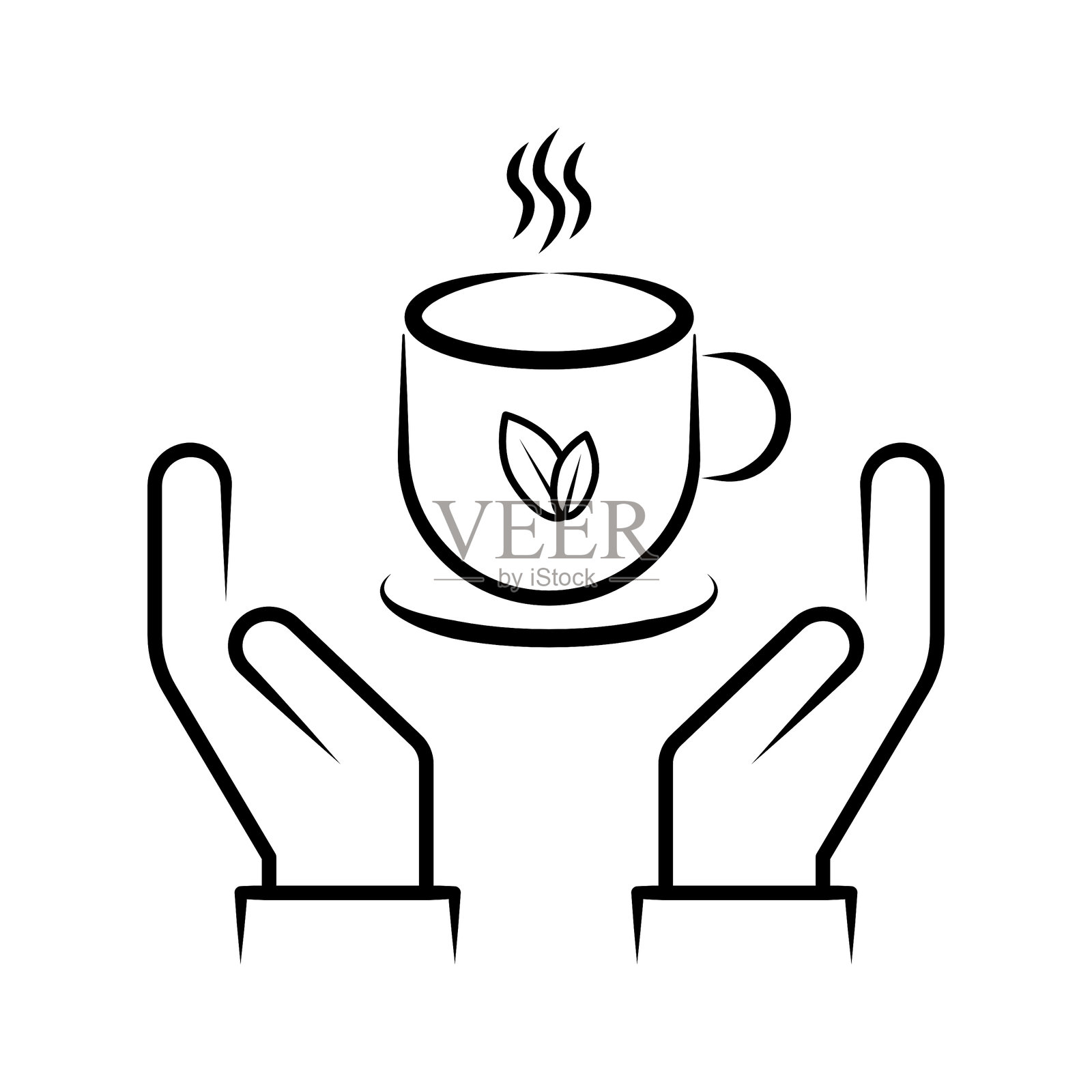 手握热茶杯的线条艺术图标，带有蒸汽和茶叶。插画图片素材