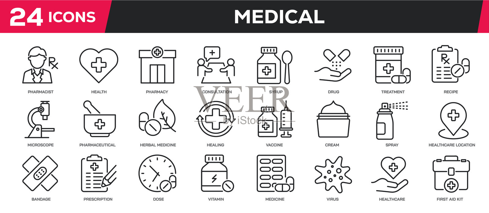 与药房、医疗、医学、药物相关的线条图标集合。可编辑的线条。在透明背景上完美像素。插画图片素材