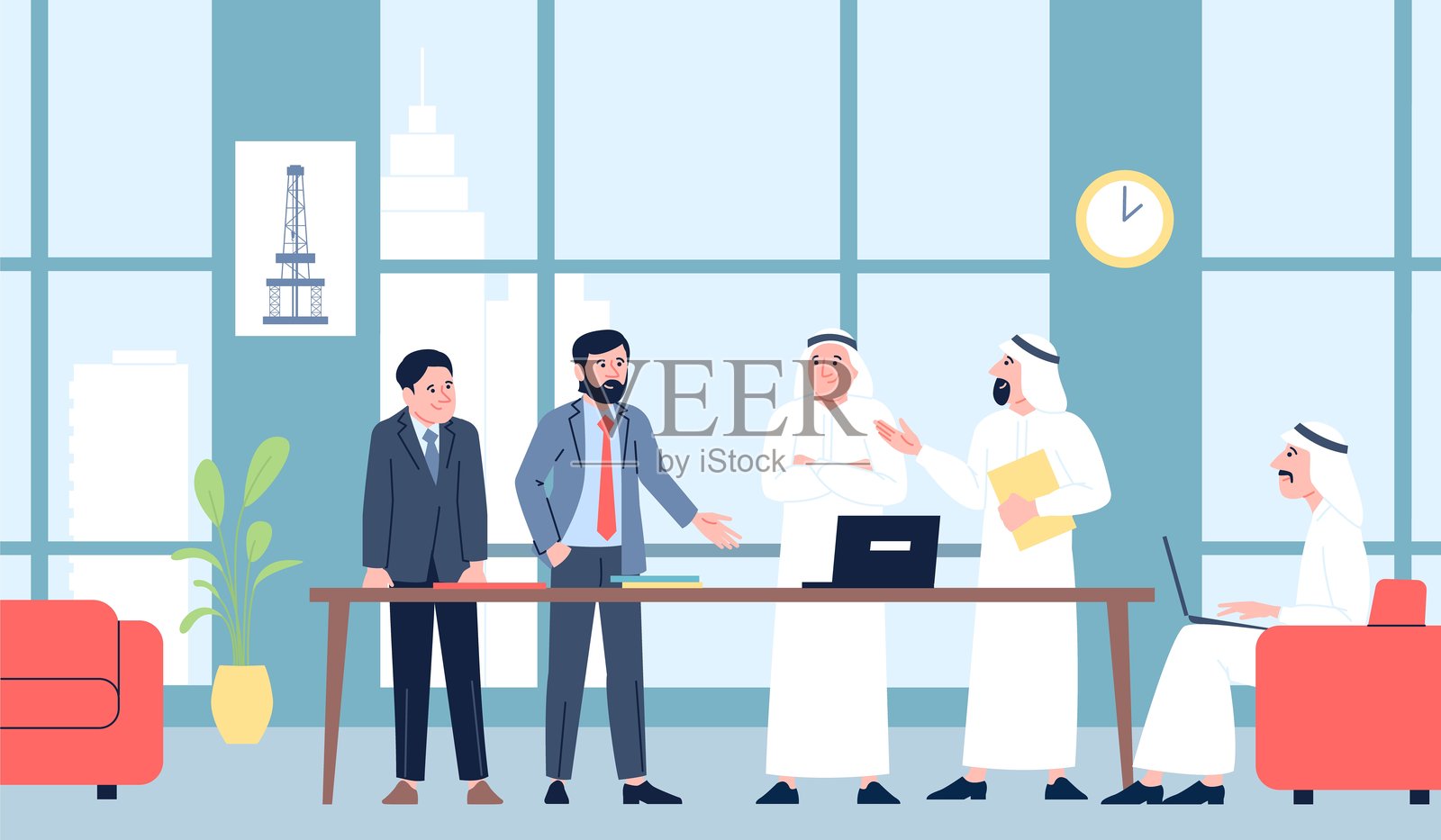 阿拉伯男性商务会议。商人在办公室进行谈判，穆斯林角色与合作伙伴。身穿传统服装的沙特人，最近的矢量场景。插画图片素材