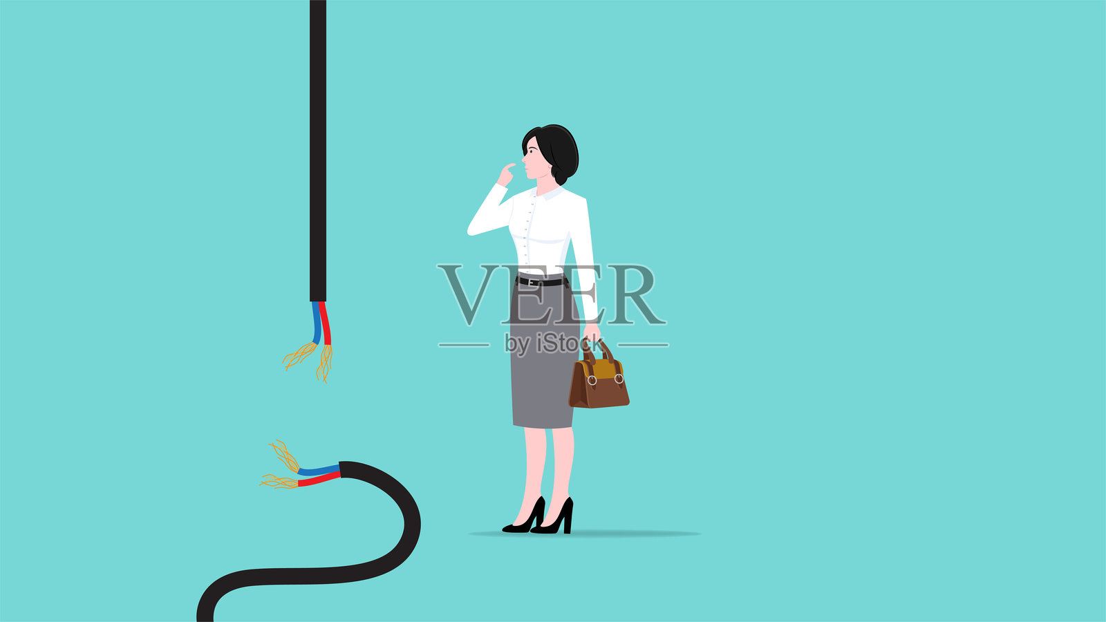 失去连接，系统错误或页面损坏，插座断开的电缆，404错误页面未找到，服务器问题或信号丢失，困惑的女商人手握断开的电缆插画图片素材