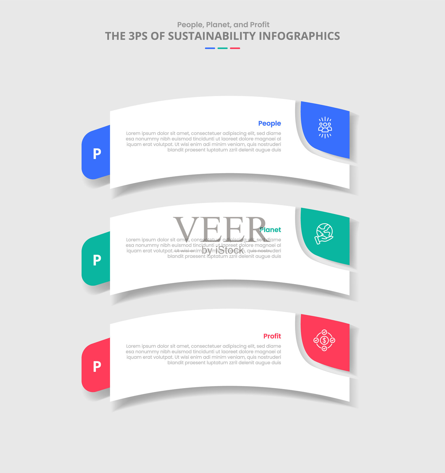 3P可持续发展概念信息图，带有阴影效果，圆角矩形框弯曲，包含三点列表信息插画图片素材