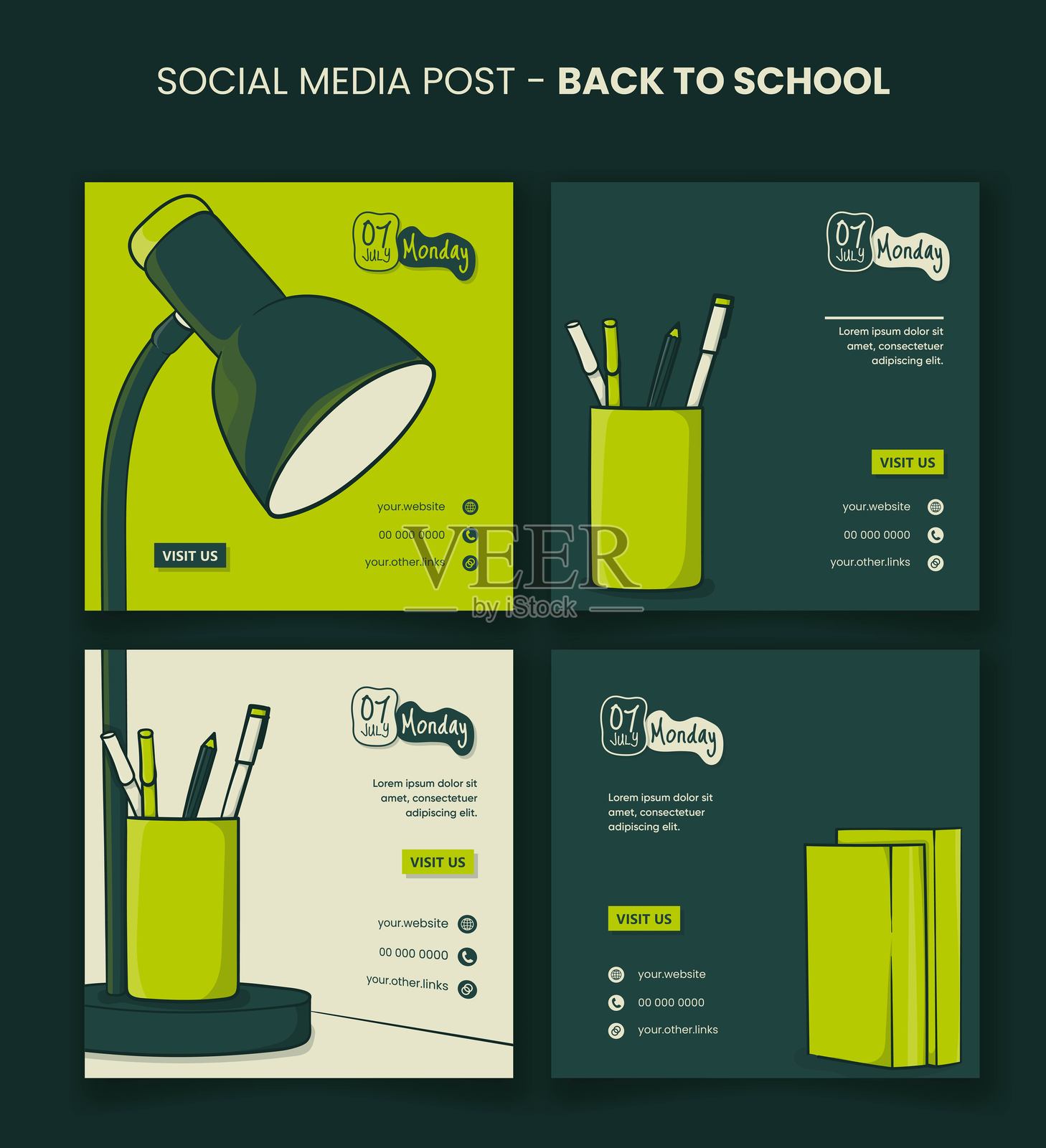 开学季。绿色背景下的社交媒体帖子模板，配有文具和台灯。插画图片素材
