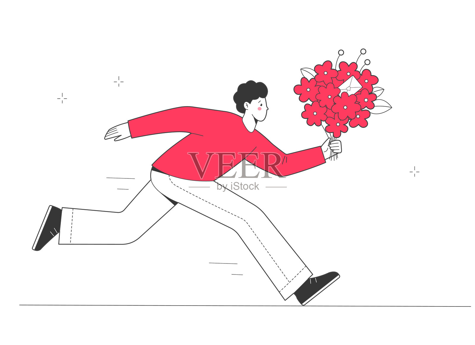 花卉配送。快递员手持花束奔跑。快速的快递服务。插画图片素材