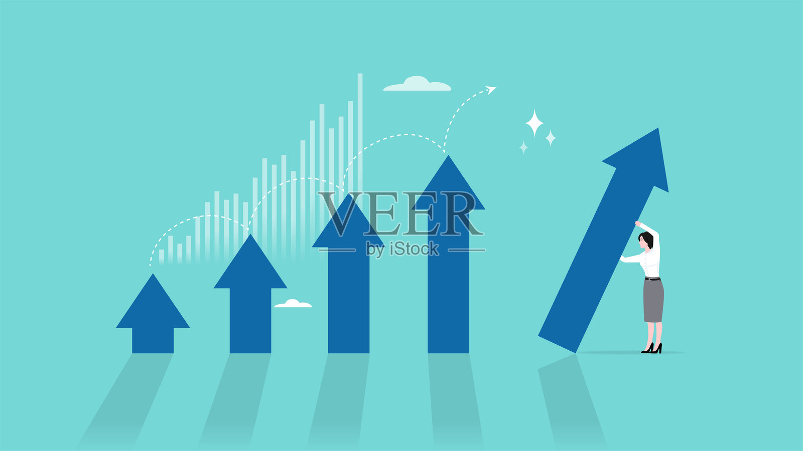 努力实现商业增长、商业成功或提高业绩、职业发展或成功的努力概念、改善或发展业务、女商人建立增长图表插画图片素材