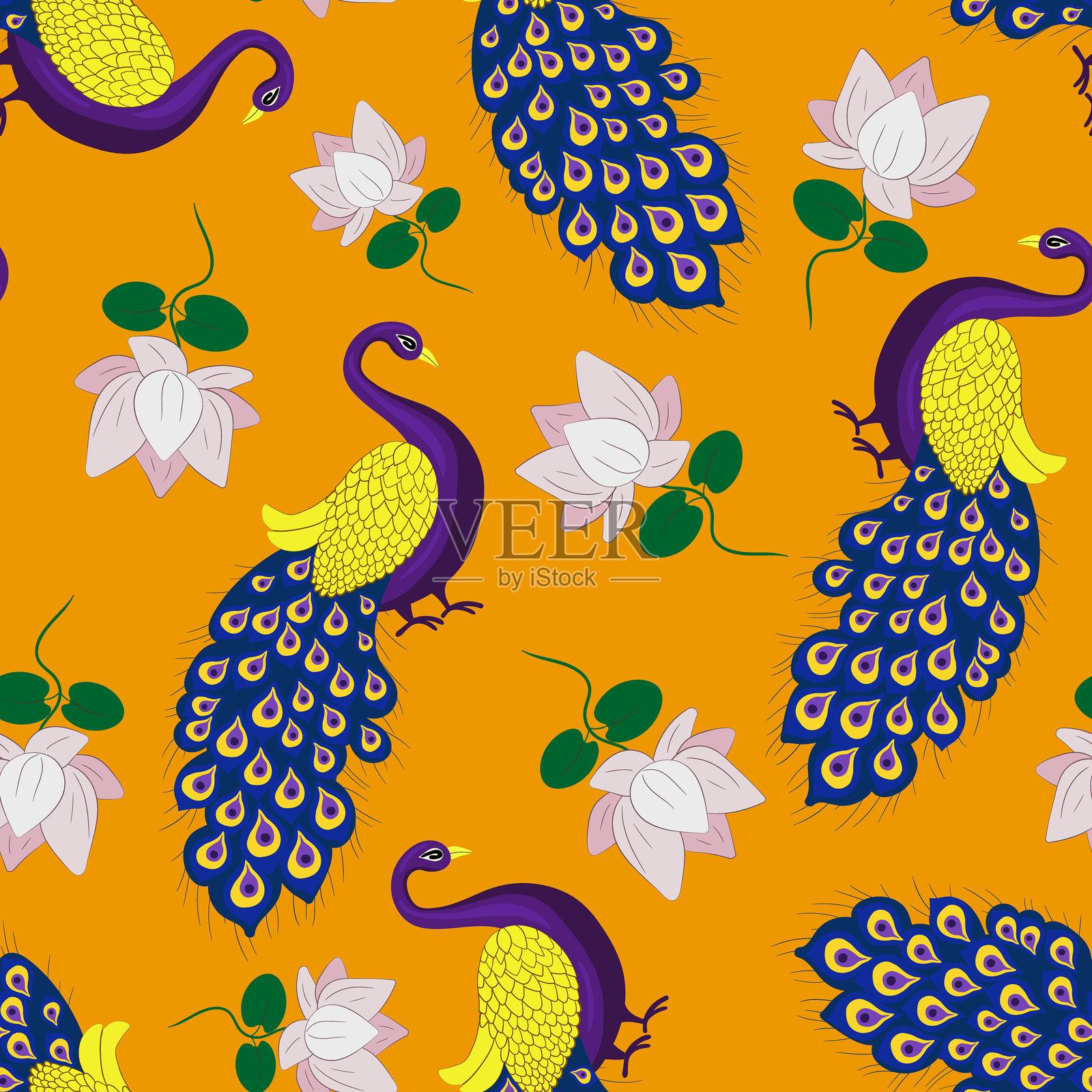 无缝生动的孔雀莲花图案，克里希纳诞辰节庆祝活动，印度教庆典，色彩斑斓的鸟类，橙色背景，文化与精神插图插画图片素材