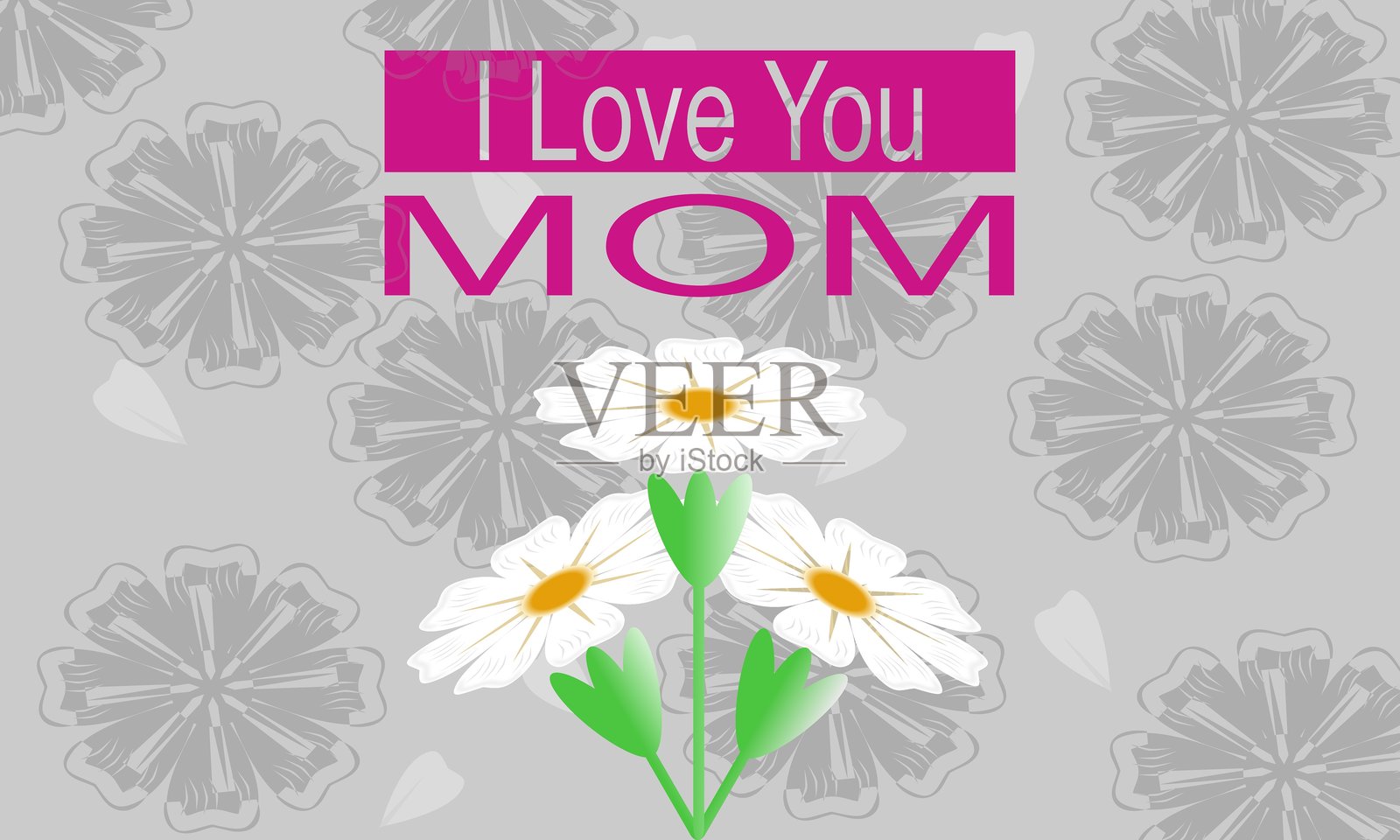 灰色背景上有白色雏菊和醒目的“我爱你，妈妈”文字插画图片素材
