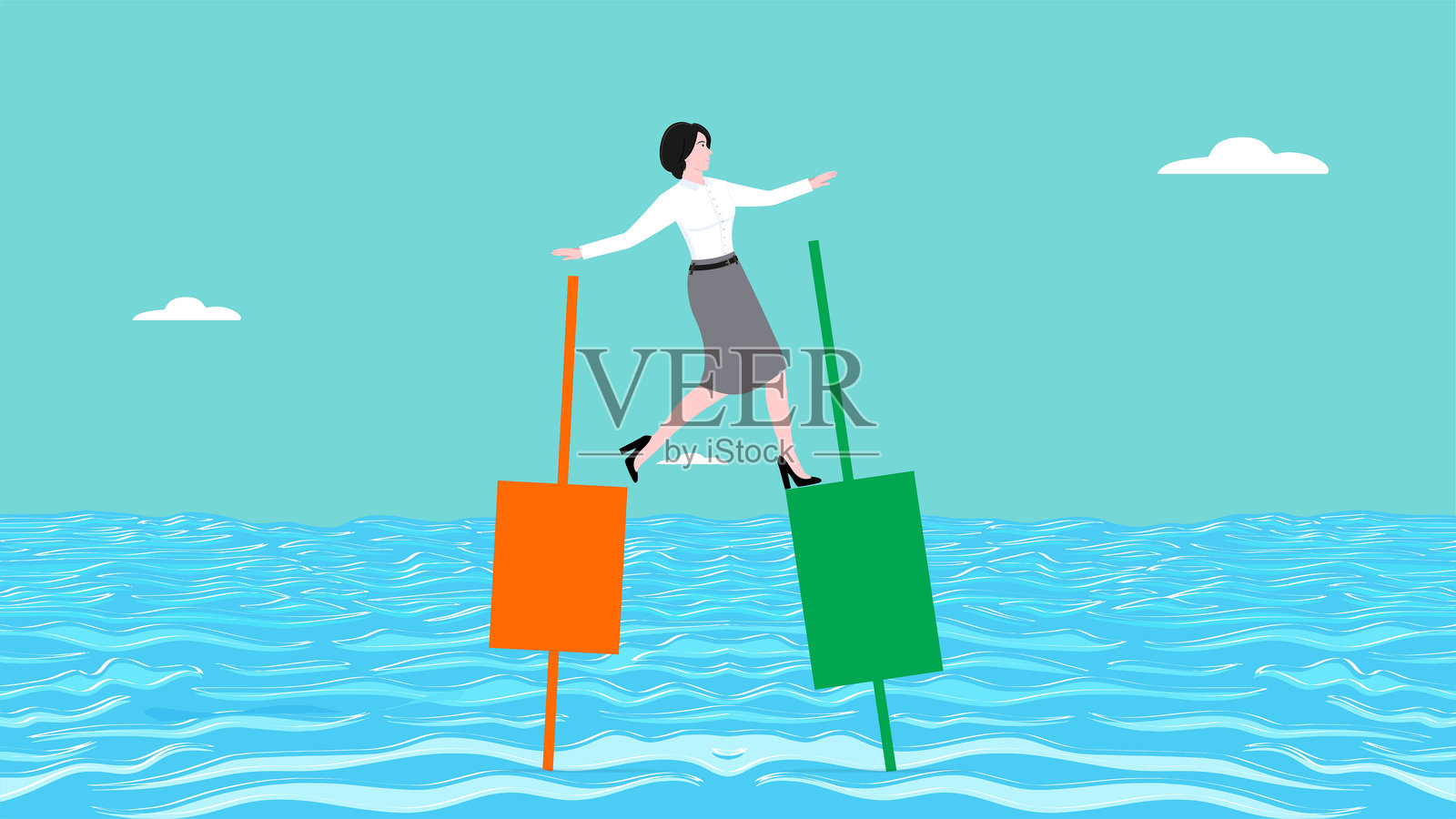 尝试新的商业投资机会，驾驭股市波动，做出购买股票的决定，盈利的商业，女性投资者从不断增长的投资柱状图中获得支持。插画图片素材