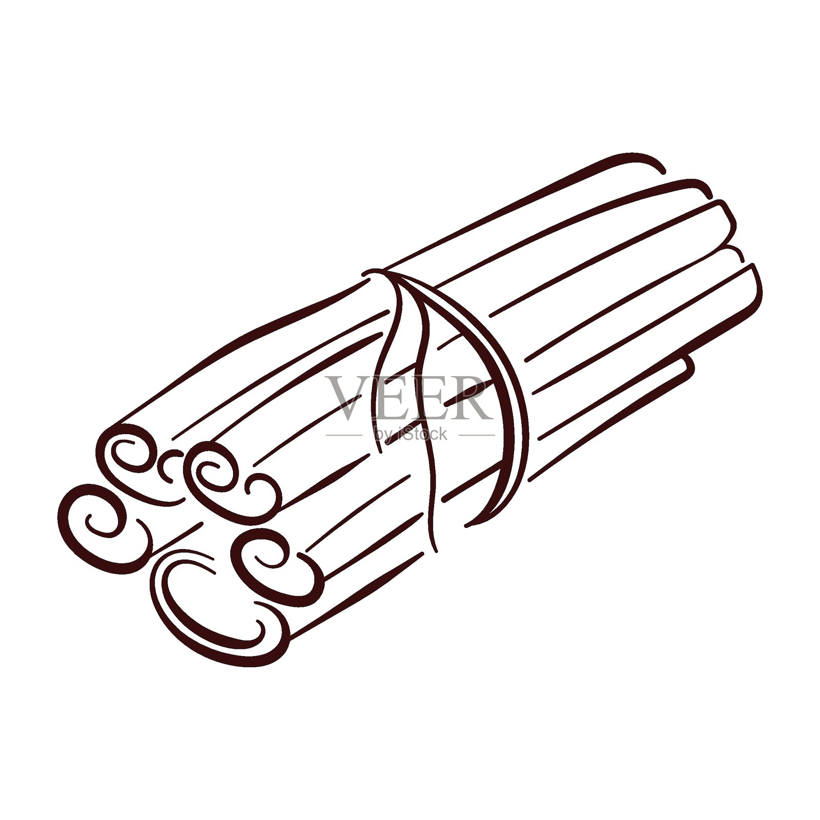 用绳子绑成的肉桂棒束，采用线条艺术风格。非常适合香料包装、烹饪装饰、食谱和复古厨房设计。插画图片素材