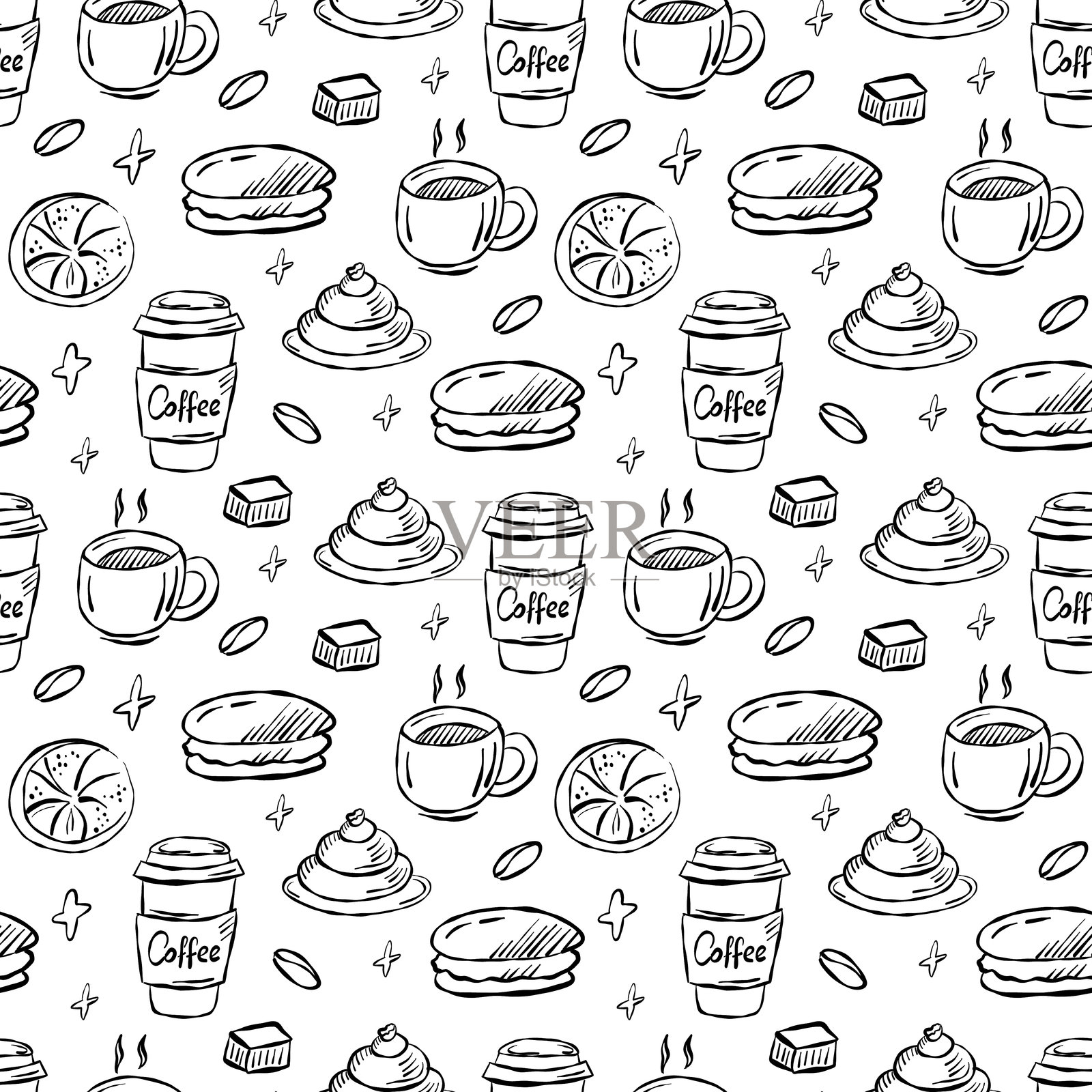 舒适的咖啡涂鸦图案，包含杯子、糕点和咖啡豆，布局迷人。插画图片素材