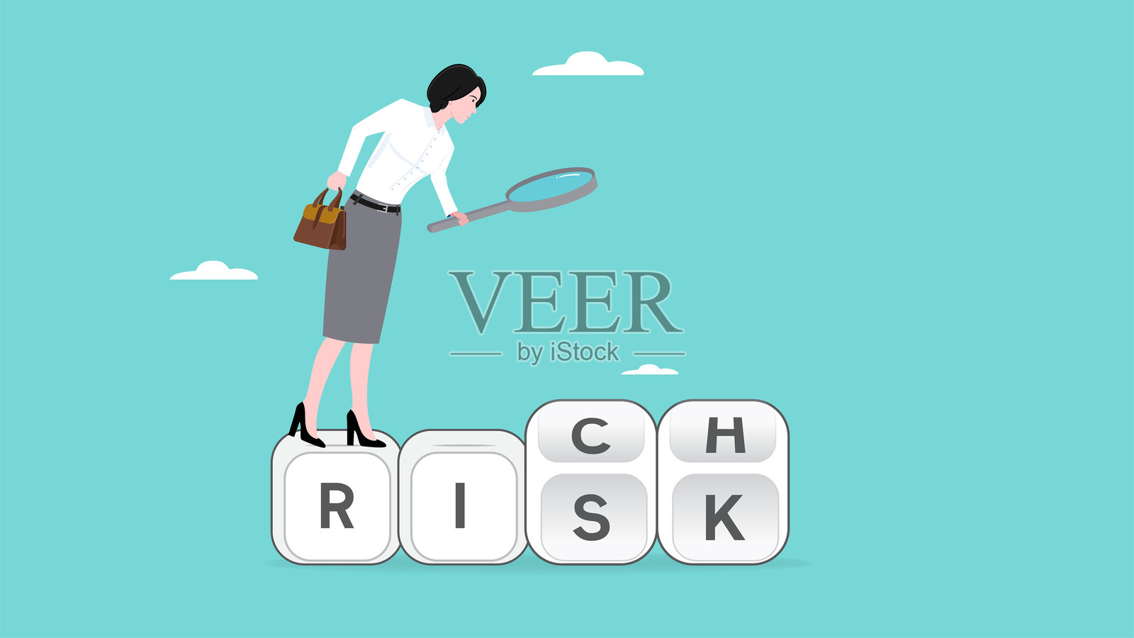 富裕与风险，冒险致富的概念，分析成功之路与所承担的风险，富裕无风险，女性使用放大镜分析一个带有“富裕”和“风险”字样的立方体。插画图片素材