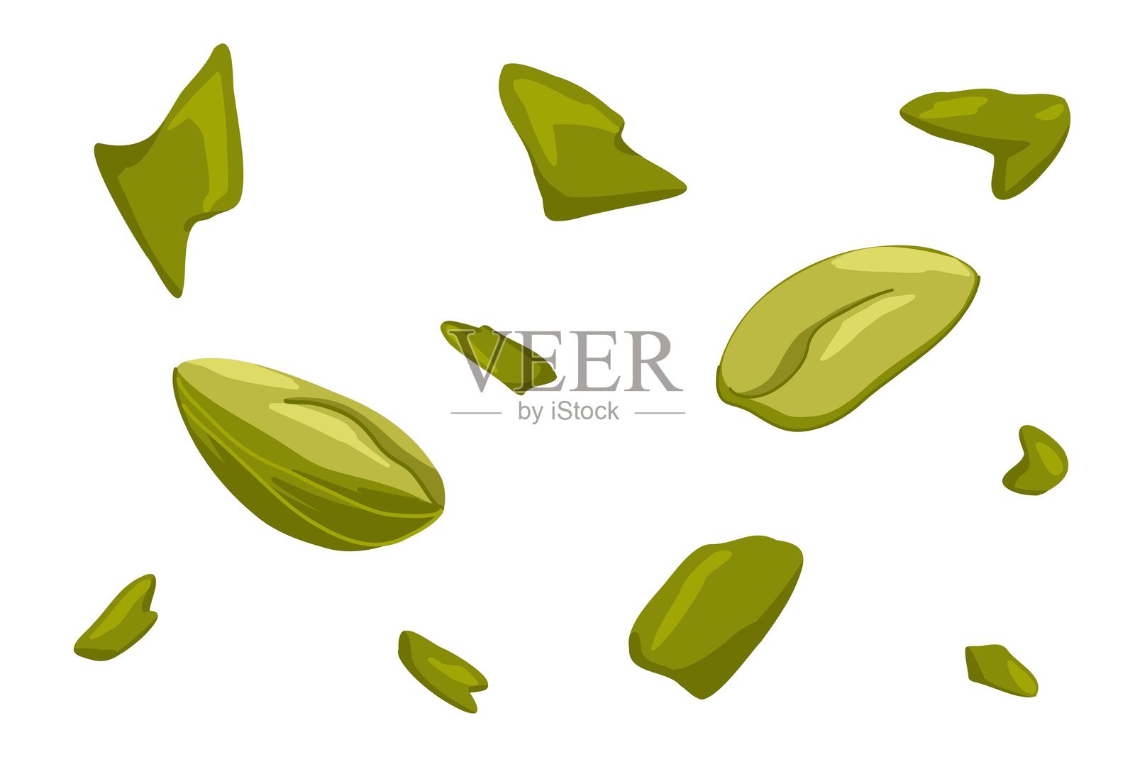 手绘开心果套装。卡通扁平绿色碎仁。独立的坚果和设计元素。适用于健康食品包装、零食品牌、菜单、贴纸。插画图片素材