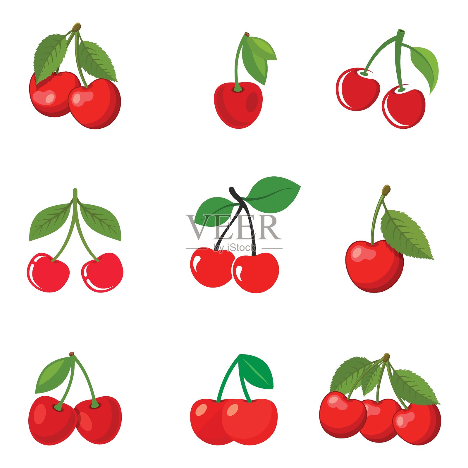 樱桃图标集合，扁平风格。新鲜水果矢量插图，背景为纯色。新鲜樱桃标志商业概念。插画图片素材