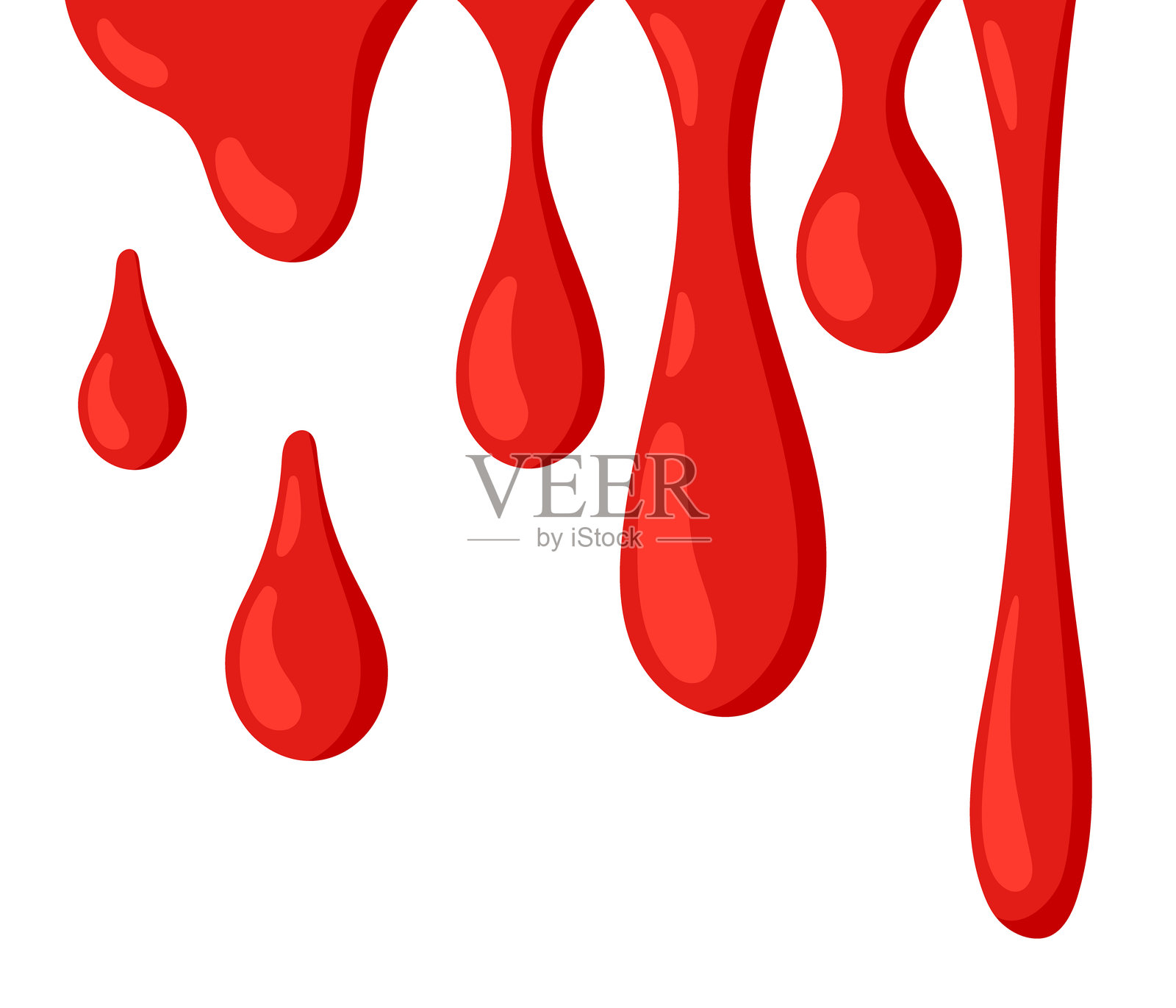 滴落的红色油漆。血腥的墨水滴落。血液飞溅。血滴和血块。血迹。平面矢量插图，背景为白色。插画图片素材