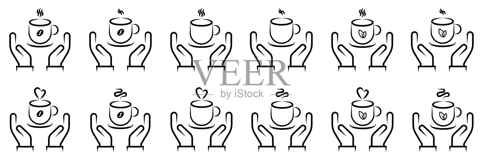 手握热咖啡和茶杯的线条艺术图标集。插画图片素材