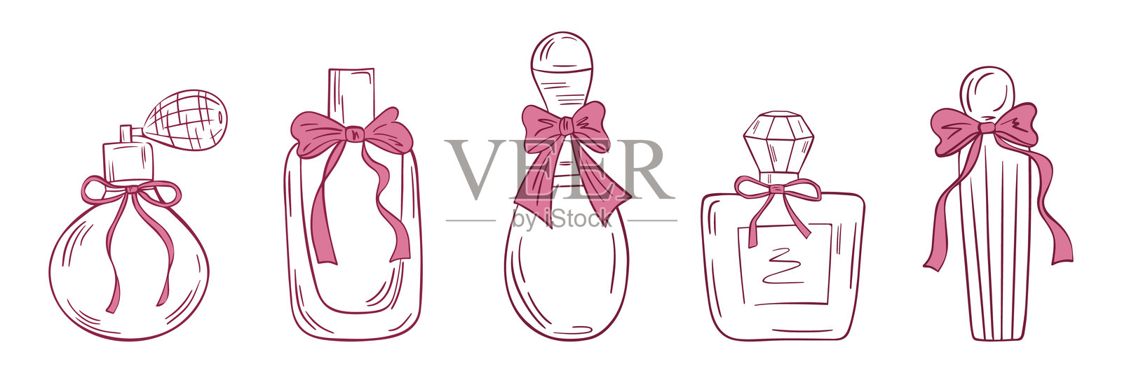 复古优雅香水瓶收藏，带有俏皮风格的蝴蝶结。手绘轮廓插图，展示美丽的玻璃瓶。矢量涂鸦套装插画图片素材
