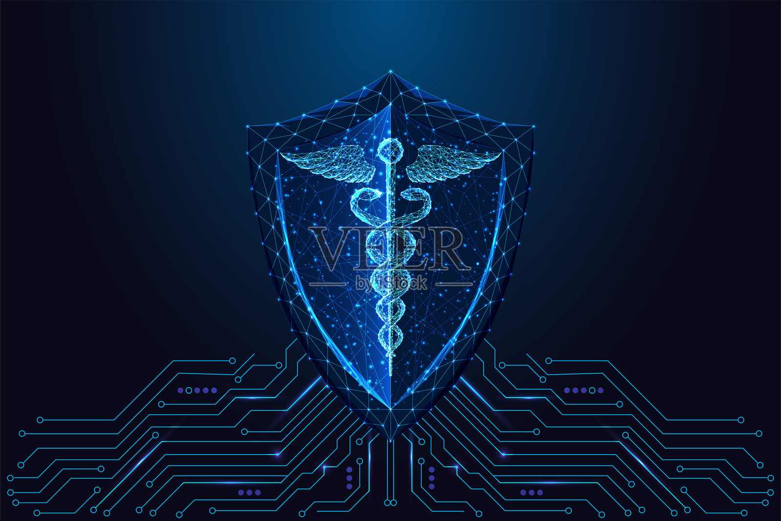 带有凯杜斯的AI医疗护盾和电路板，数字保护医疗技术插图插画图片素材