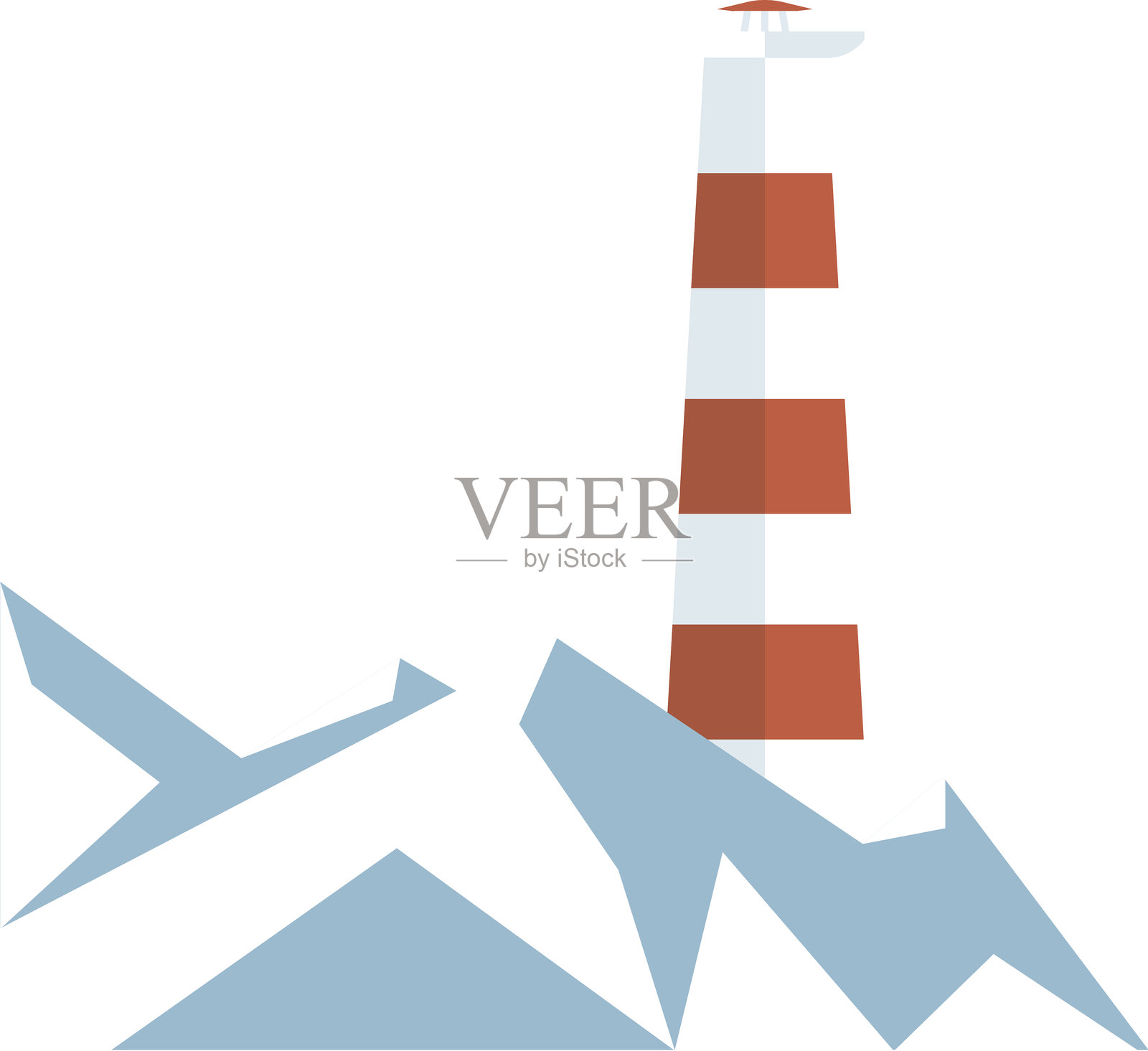 海岸线上的红白相间灯塔。带有灯塔图标的海洋风景。插画图片素材