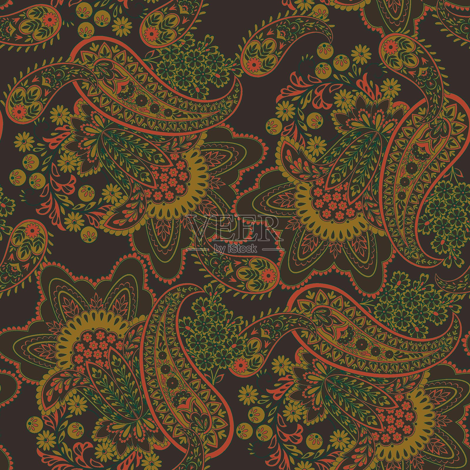 佩斯利风格的花卉无缝图案。矢量装饰性达玛斯克背景插画图片素材