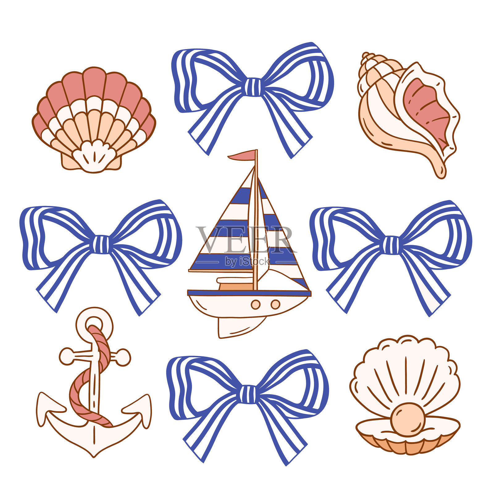 手绘矢量蝴蝶结、海贝壳和帆船的图案，适用于剪贴画贴纸或幼儿园设计。插画图片素材