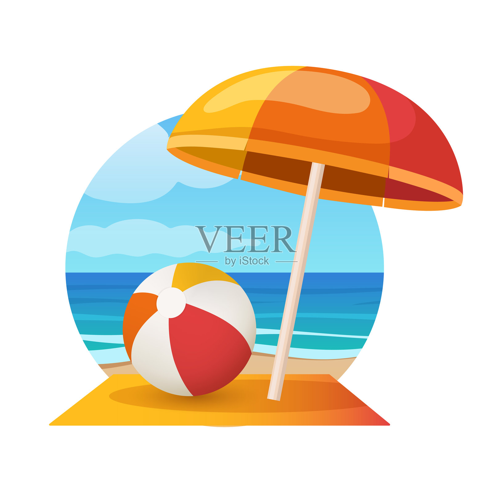 夏季插图。伞和充气球。白色背景上的矢量插图。插画图片素材