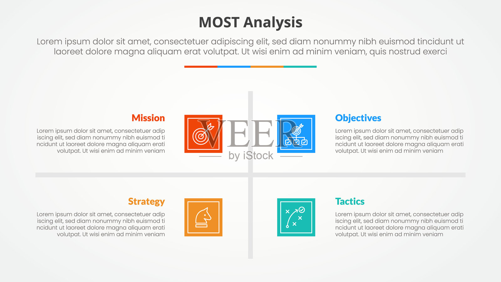 用于幻灯片演示的MOST分析信息图概念，带有方形底座和中心交叉线，包含四个要点列表，采用扁平风格。插画图片素材