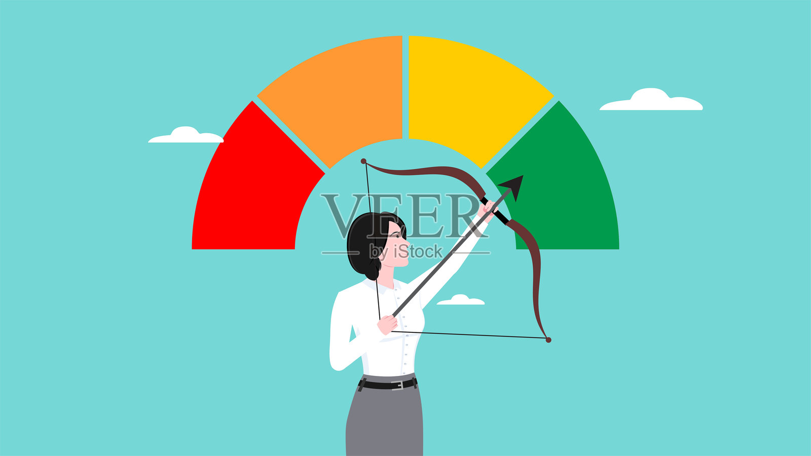 高绩效员工，员工评级评估，优秀员工成就或候选人表现，商业女性以高绩效指标图表为目标。插画图片素材