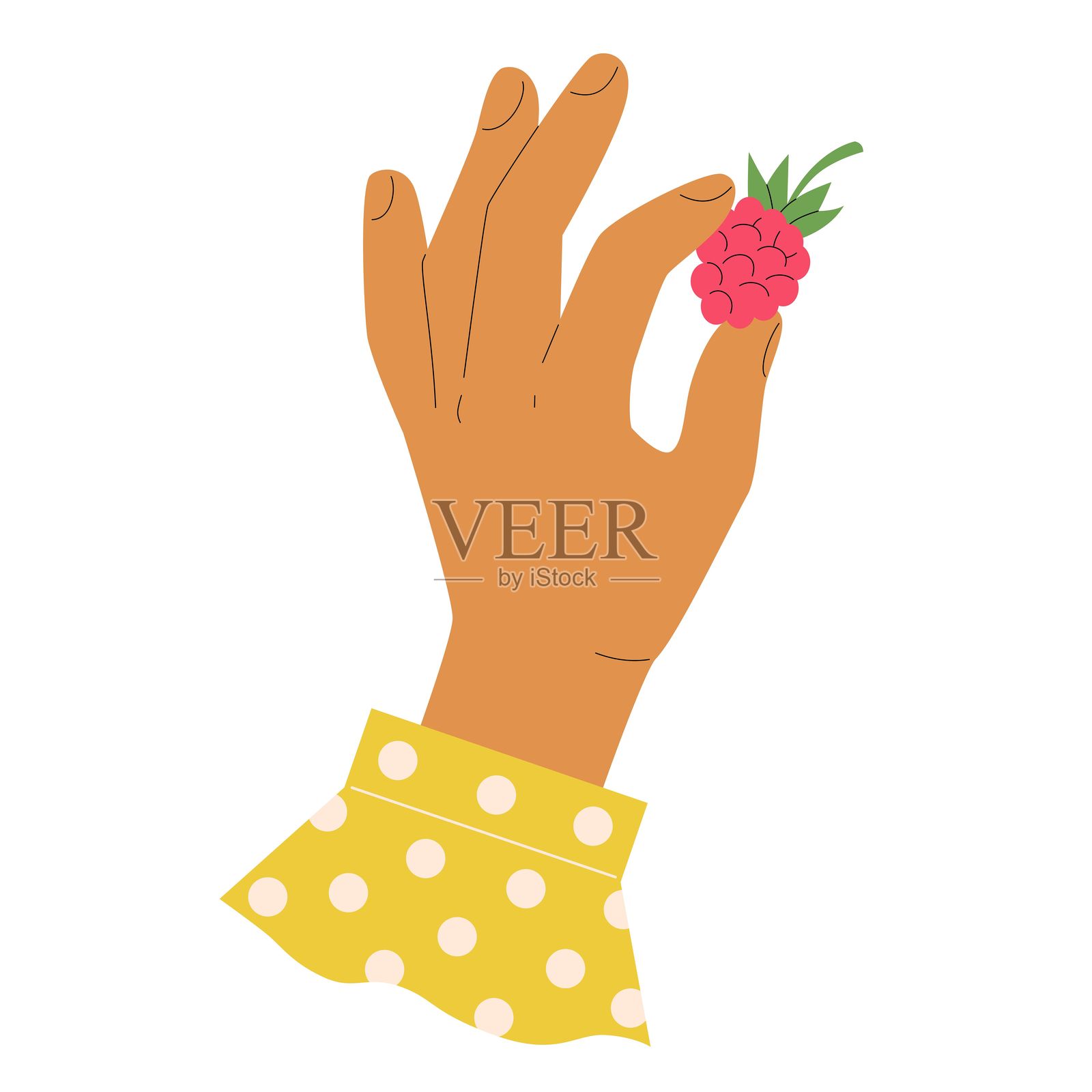 女性手握着带有波点衬衫袖口的成熟红色覆盆子，旁边有叶子。插画图片素材