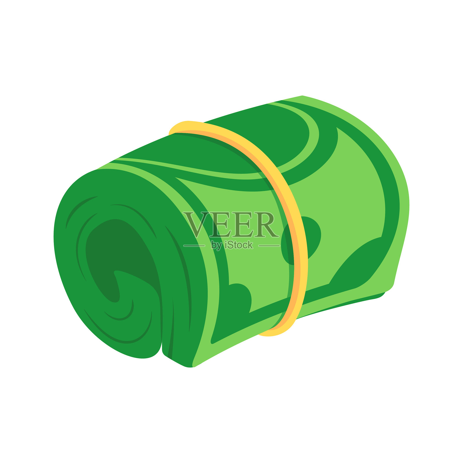 一卷绿色美元钞票用橡皮筋绑在一起，背景为白色。插画图片素材