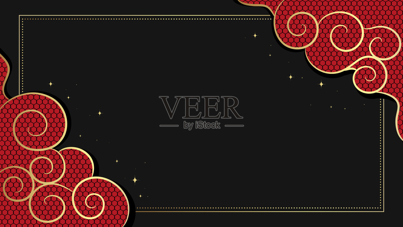 天体金色框架，配有红色亚洲旋涡云和几何装饰。手绘天体中国涂鸦云。矢量插图插画图片素材