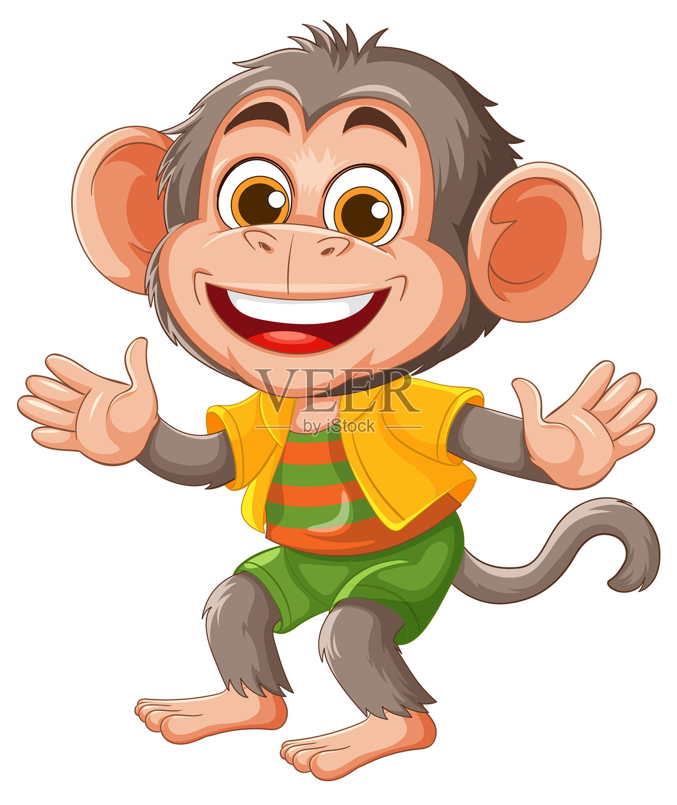 穿着色彩缤纷服装的快乐卡通猴子插画图片素材