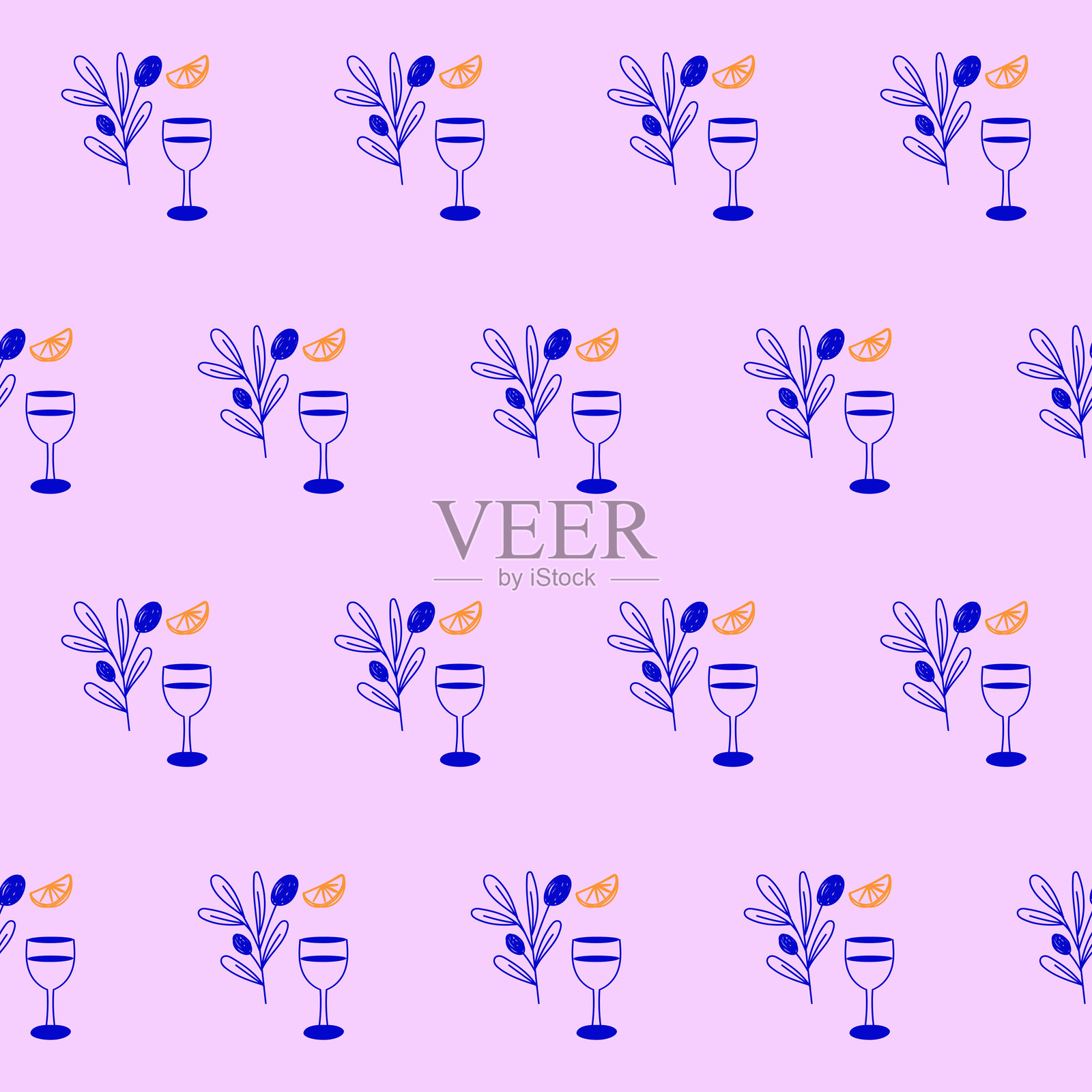 无缝橄榄枝纺织印花图案。地中海氛围。旅行度假休闲主题。夏季度假面料样本涂鸦线条艺术手工装饰。简单的草图轮廓绘画。插画图片素材