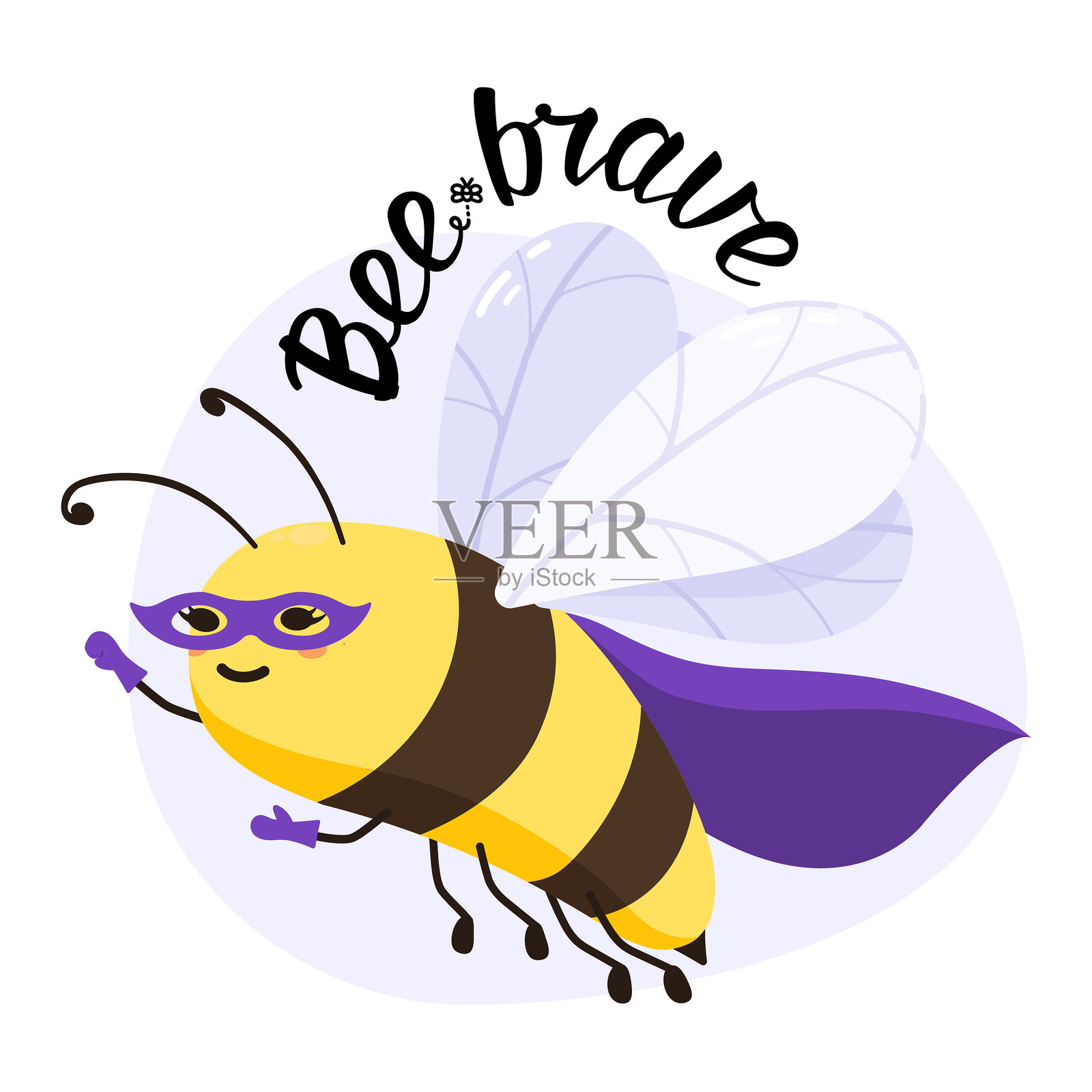 飞翔的超级英雄蜜蜂，配有“勇敢蜜蜂”的字样，卡通扁平风格。角色的扁平图标。适用于贴纸、网站、横幅、印刷品和着陆页的矢量插图合集。插画图片素材