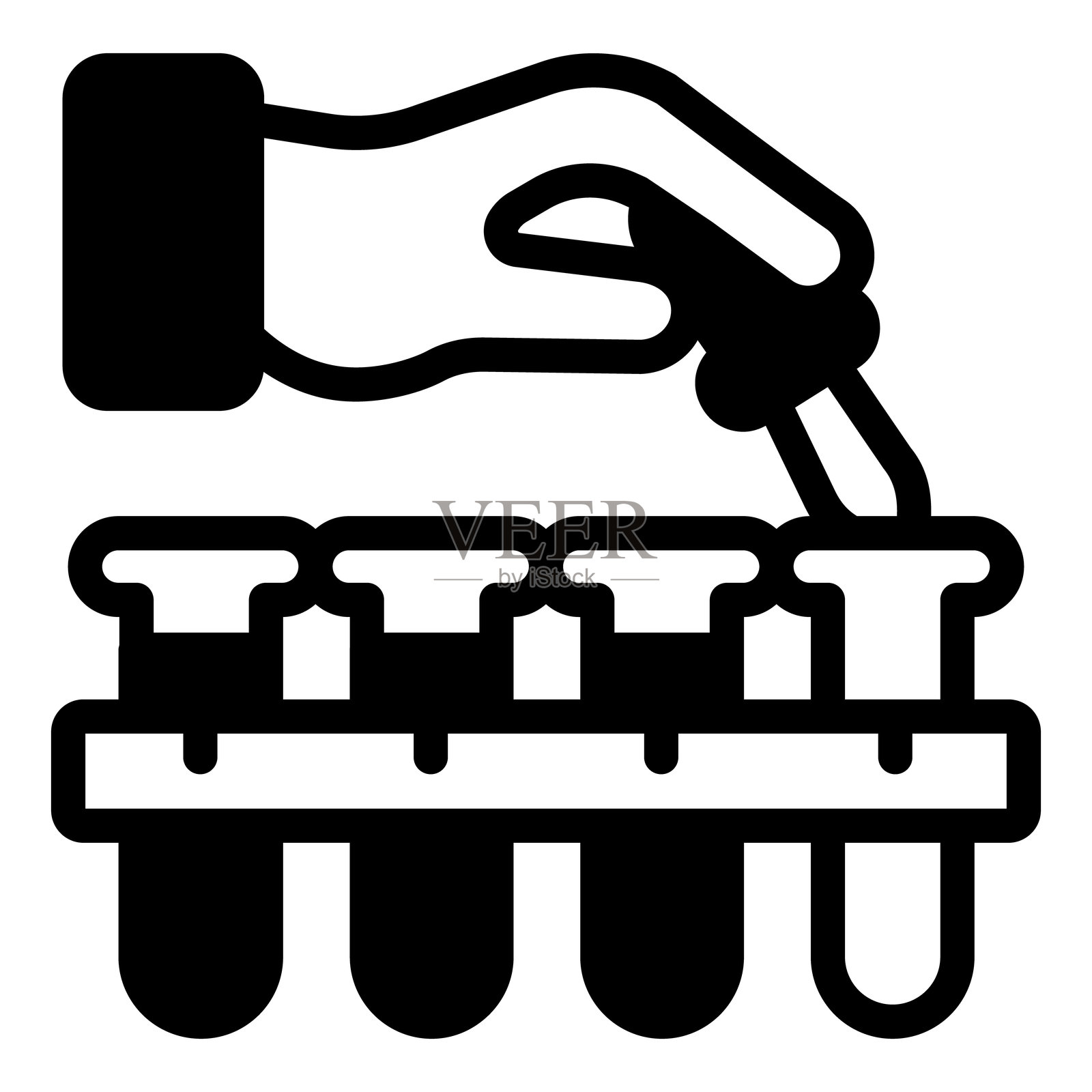 实验室烧瓶和手持移液管的实心图标，药房概念。矢量图形。医学实验，医学测试标志，白色背景，适用于移动或设计风格。插画图片素材