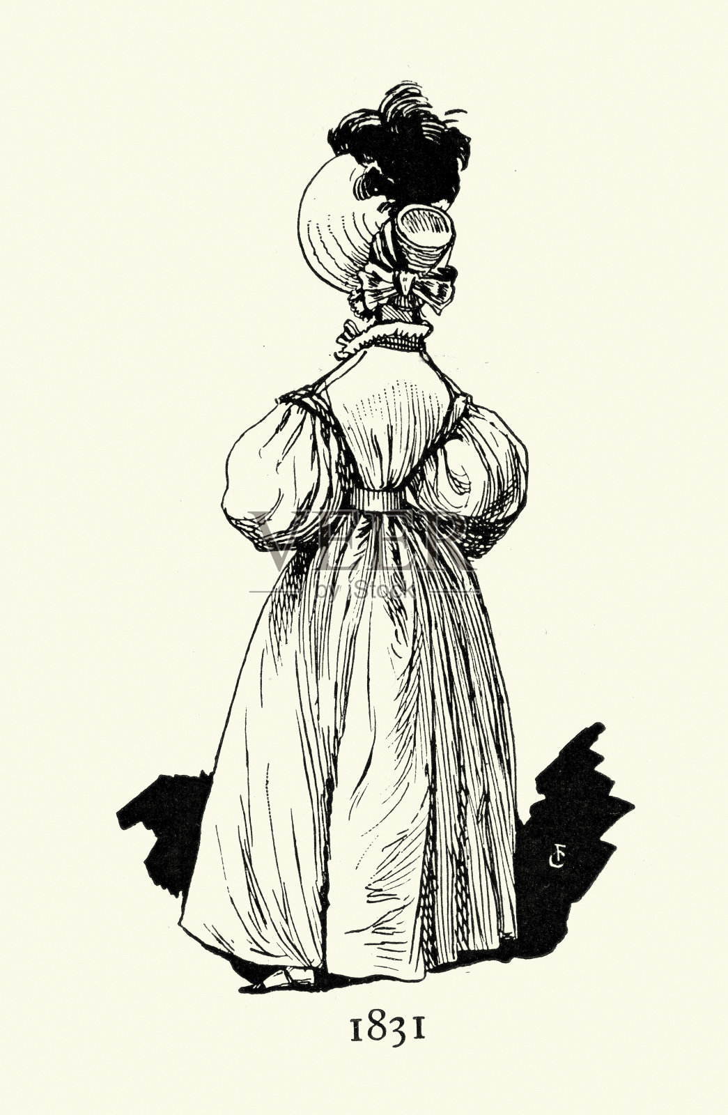 时尚历史，穿着得体的女性，泡袖裙，帽子，背面视图，法国，1830年代，复古插图插画图片素材