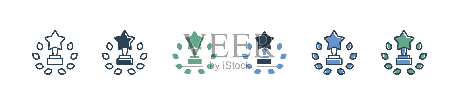 简单的获胜者奖杯奖项花环图标集，赢得冠军的奖牌，带星星的桂冠装饰，奖杯矢量插图，适用于网页和应用程序插画图片素材