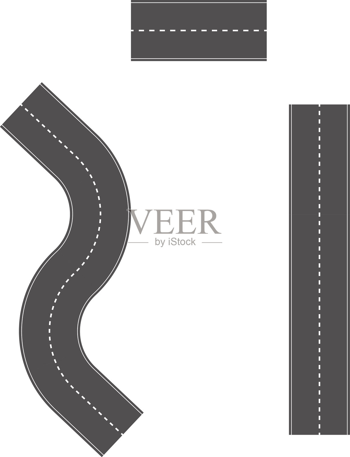 波浪形曲线道路。赛道的俯视图。俯视的蜿蜒道路矢量插图。空旷的高速公路沥青路面，空旷的黑色沥青高速公路带有分隔线。插画图片素材