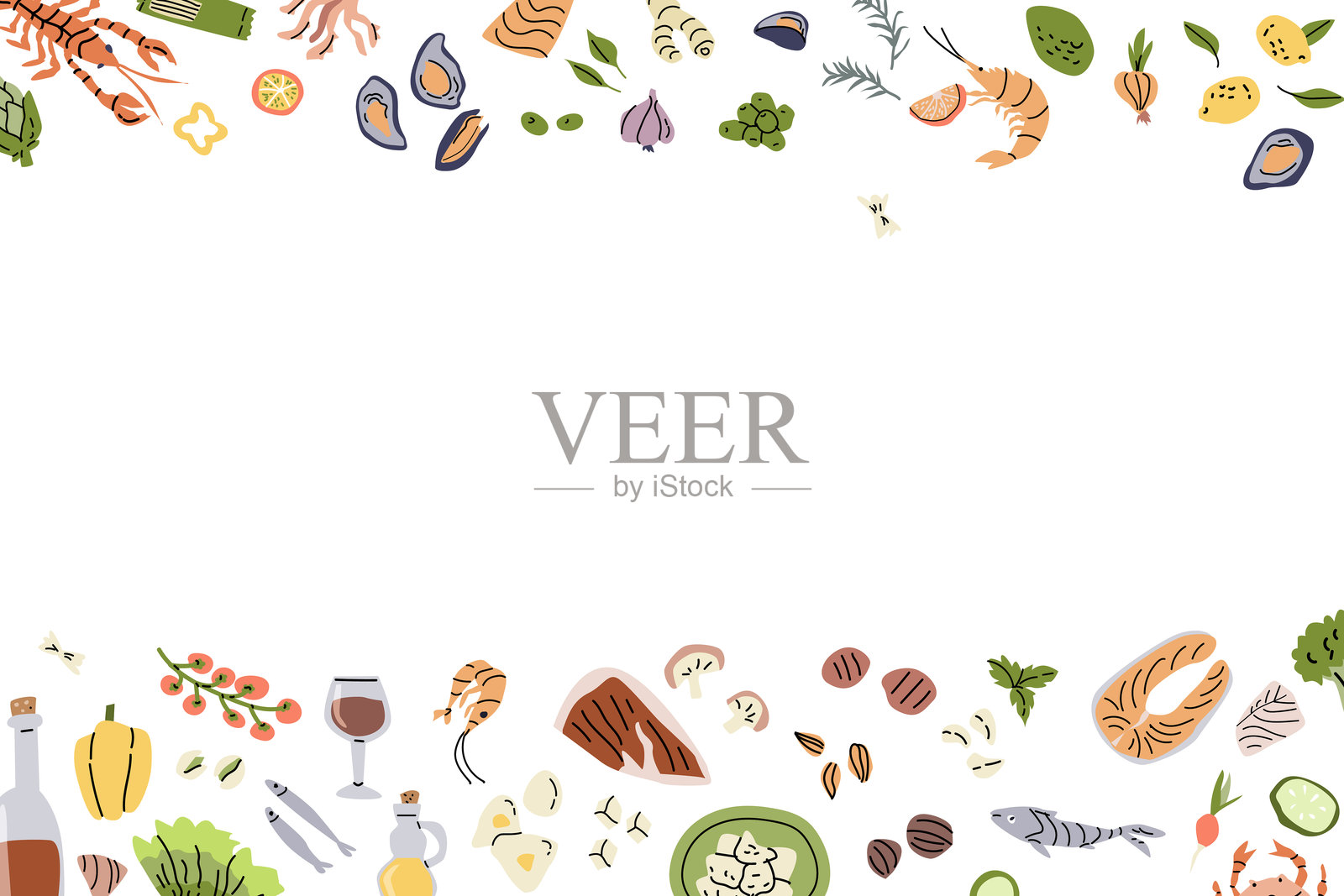 地中海美食食材边框设计，适用于烹饪项目插画图片素材
