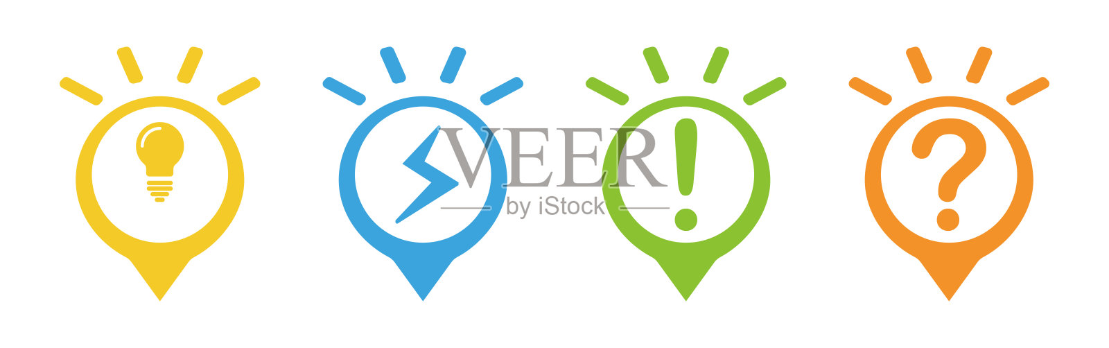 一组色彩丰富的图钉指示器，适合传达创新、快速解决方案、警报和询问等概念。现代图形元素，适用于引人入胜的信息图表和数字界面。插画图片素材