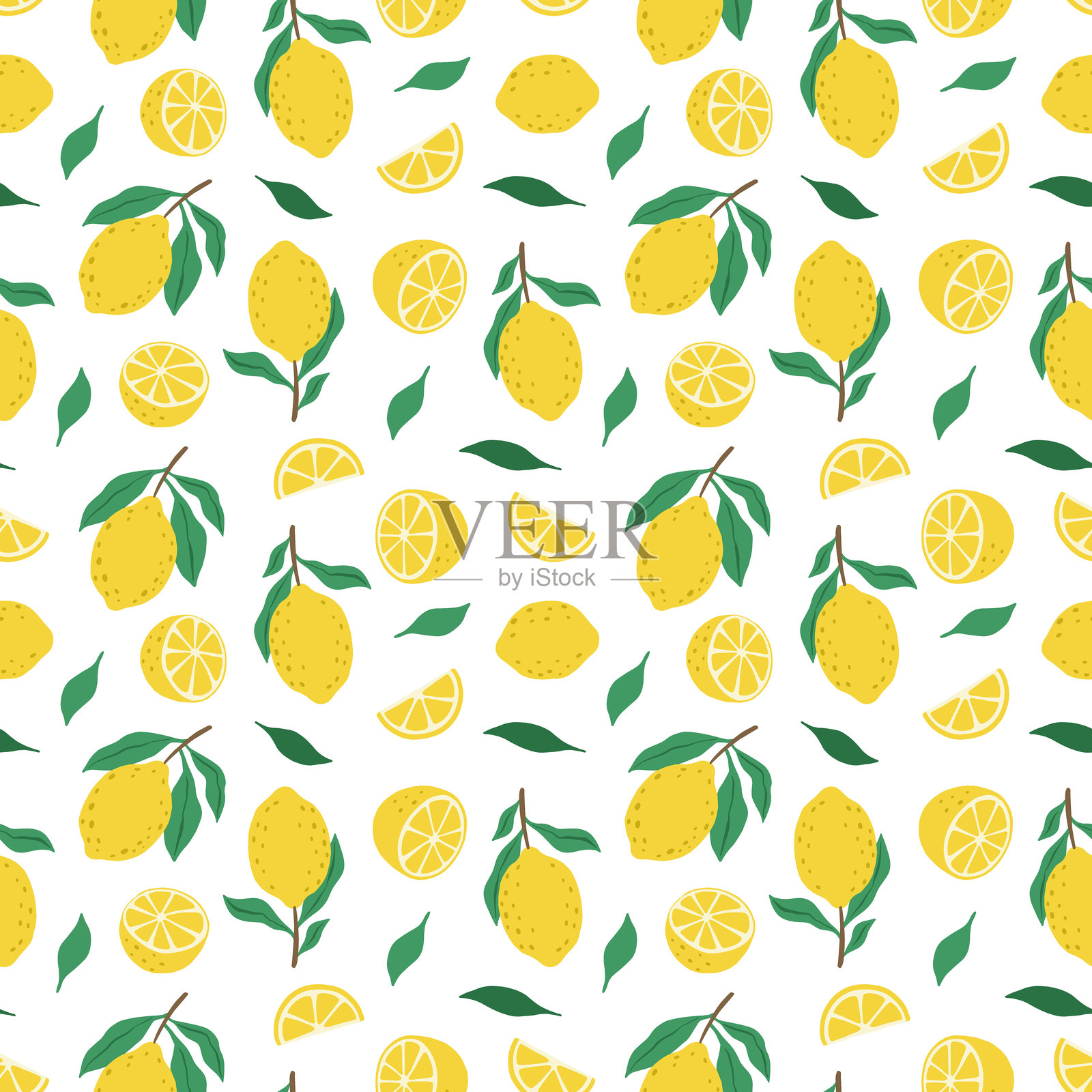 手绘的多彩无缝柠檬图案。柑橘水果背景。插画图片素材