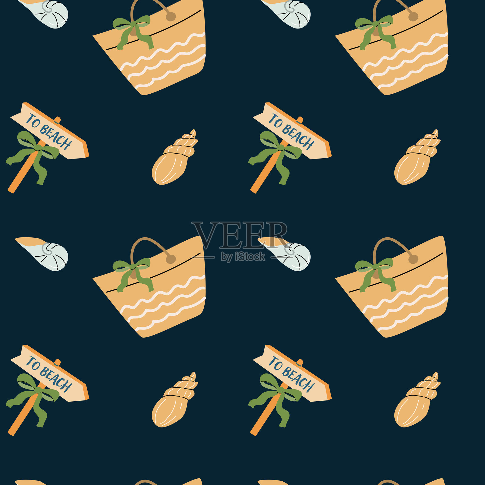 夏季假期贴纸，包含贝壳和海滩标志，适合创意设计插画图片素材