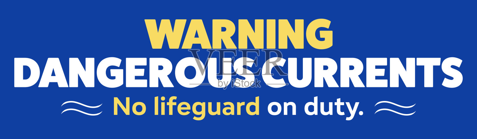 警告标志，指示危险水流和没有救生员值班。标志上有粗体字，背景为蓝色，提醒海滩游客注意潜在危险。插画图片素材