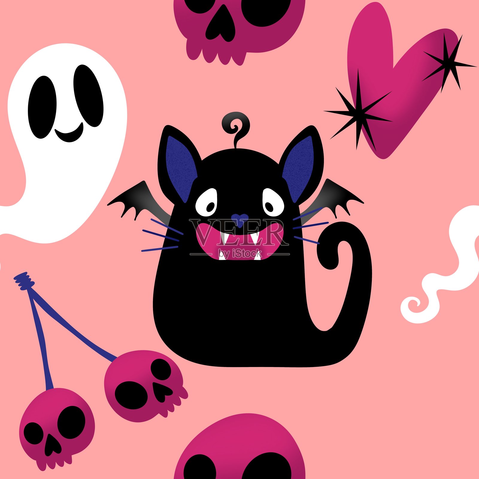 万圣节无缝猫图案，适用于面料、纺织品和包装插画图片素材