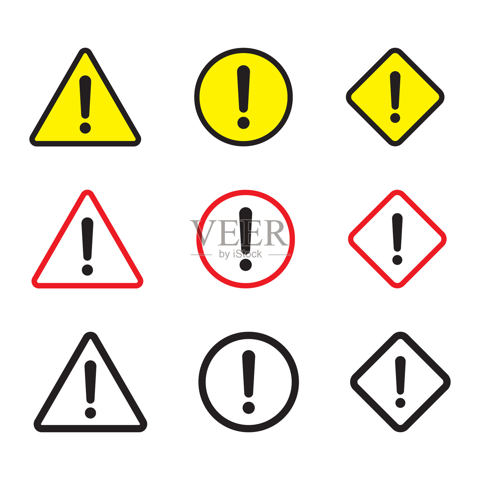 警告标志和符号。三角形、圆形和菱形中的感叹号。黑色、黄色和红色的警报图标。插画图片素材
