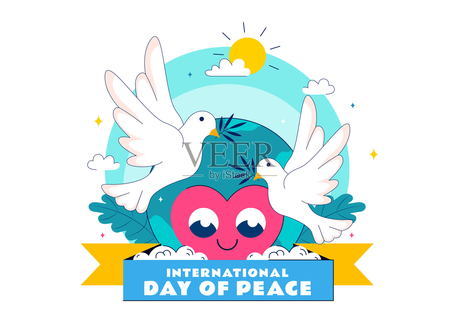 国际和平日矢量插图，展示手、鸽子、地球和蓝天，旨在促进全球繁荣，背景为平面设计。插画图片素材