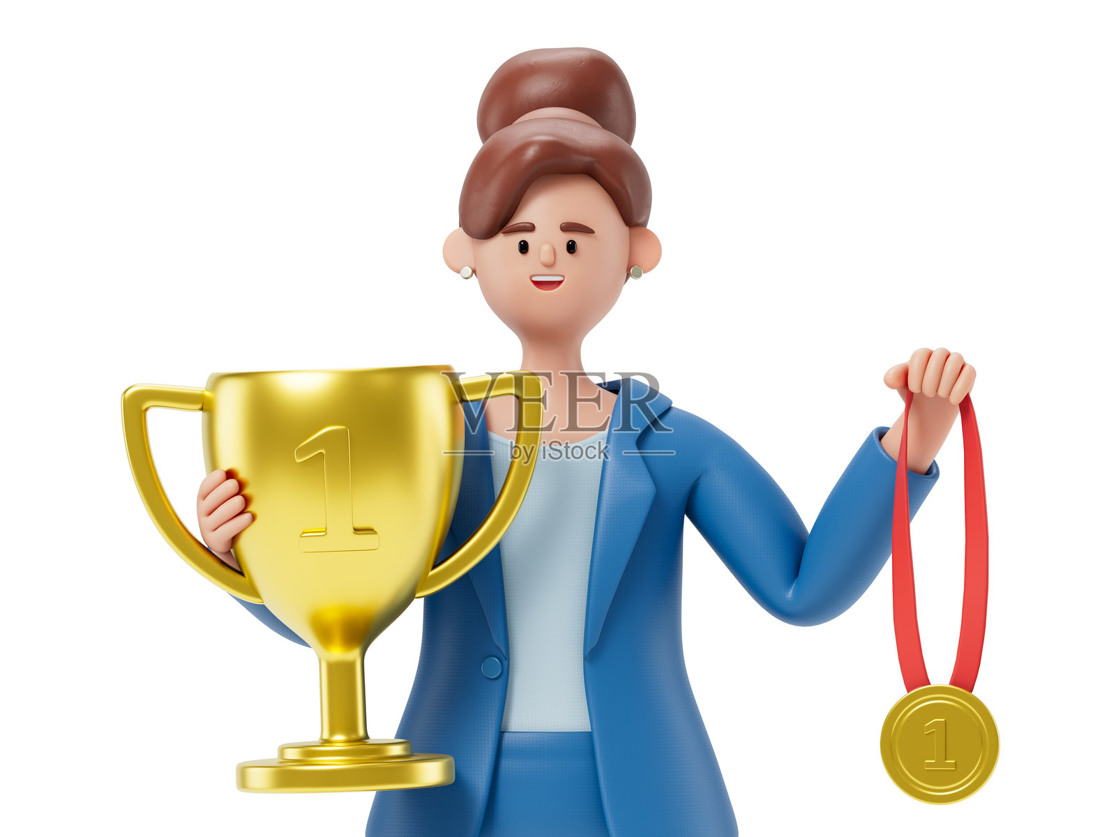 手持金牌和奖杯的女性照片摄影图片