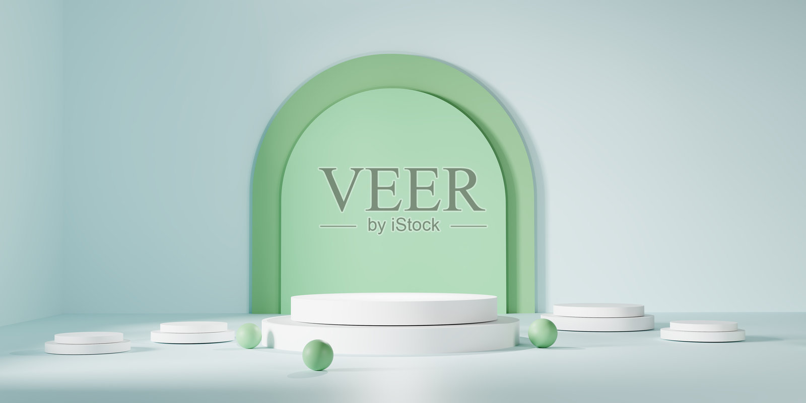 展示中央有一个白色圆形讲台，配以柔和的绿色拱门，背景是宁静的浅绿色，营造出一个优雅的极简舞台，非常适合产品展示。照片摄影图片